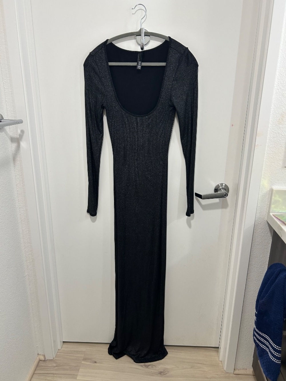 Skims Shimmer Ribbed Long Sleeve Maxi Dress Black S